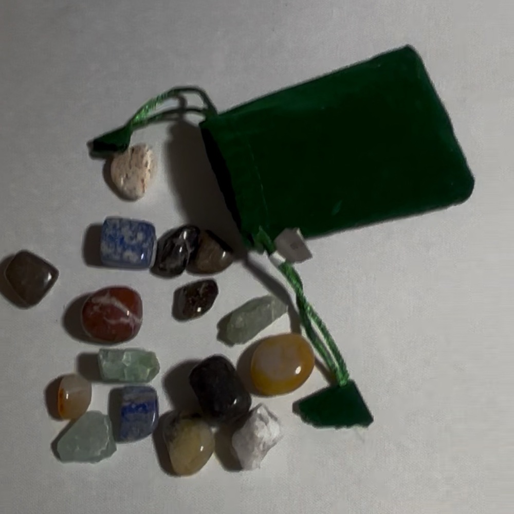Green Velvet Pouch with Assorted Stones